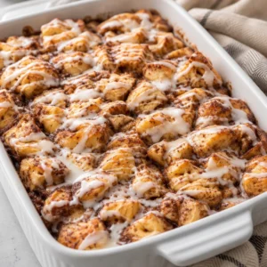 Delicious cinnamon roll casserole ready for Christmas morning breakfast