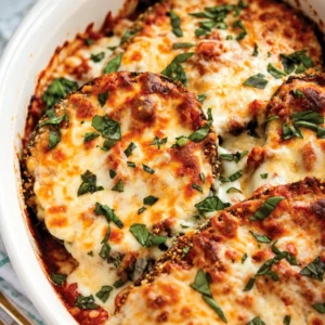 Delicious easy eggplant parmesan with cheese and spinach layered and baked