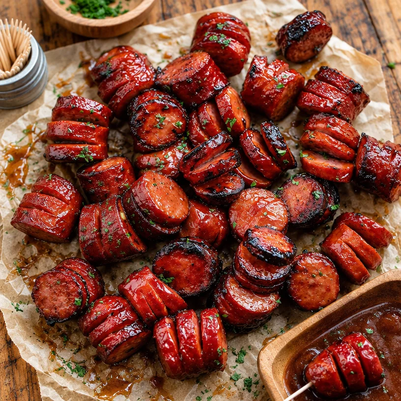 Easy Maple BBQ Hasselback Kielbasa Bites