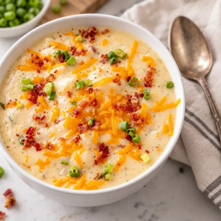 Bowl of easy slow cooker loaded potato soup topped with bacon and chives