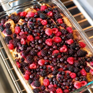 Healthy overnight French toast casserole served in a baking dish with berries