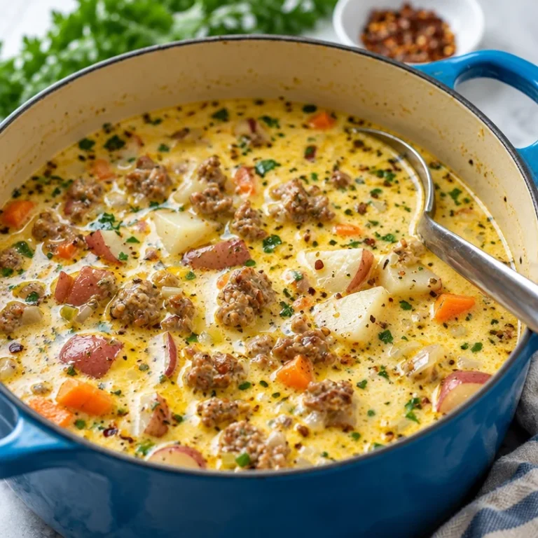 Bowl of rustic sausage and potato soup garnished with herbs