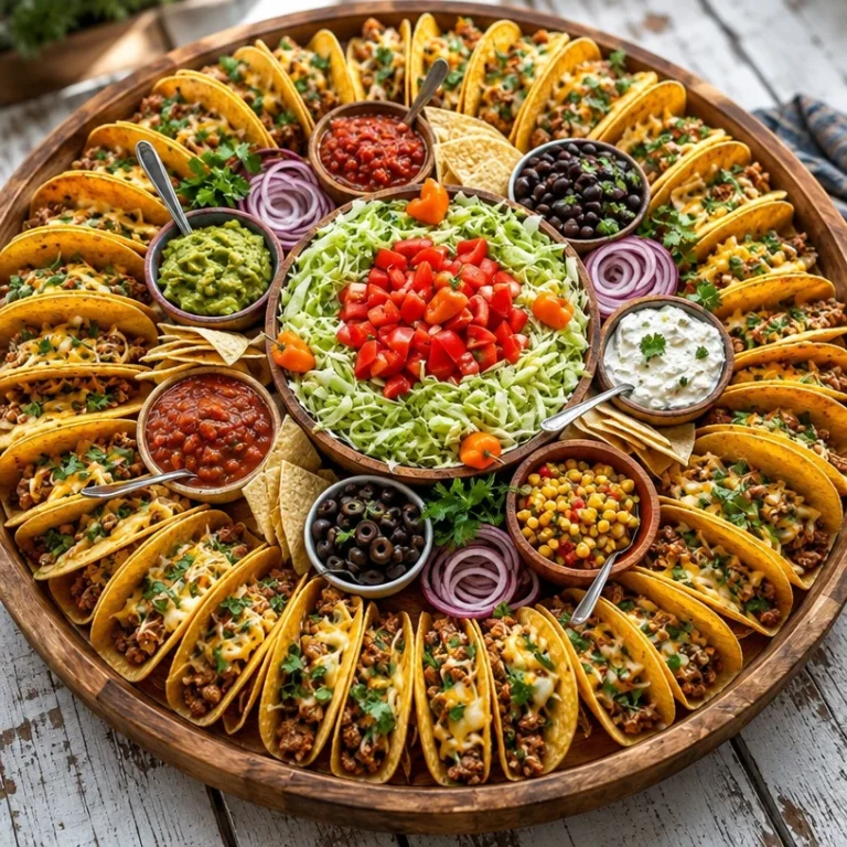 A colorful taco platter displayed on a wooden board, featuring various ingredients.