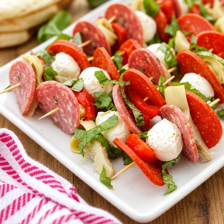 Delicious Antipasto Skewers filled with olives, cheese, and vegetables.