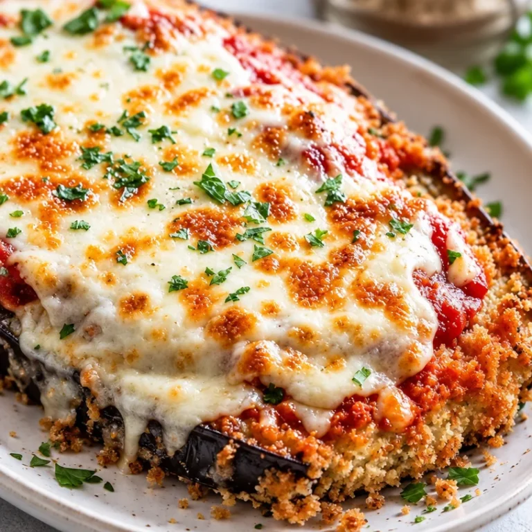 Delicious baked eggplant parmesan dish with crispy layers of cheese and sauce.
