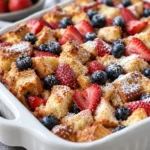 Delicious Berry French Toast Casserole topped with fresh berries and syrup.