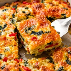 Easy egg bake overnight breakfast casserole with colorful veggies and cheese
