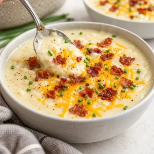 Bowl of creamy mashed potato soup topped with herbs and croutons