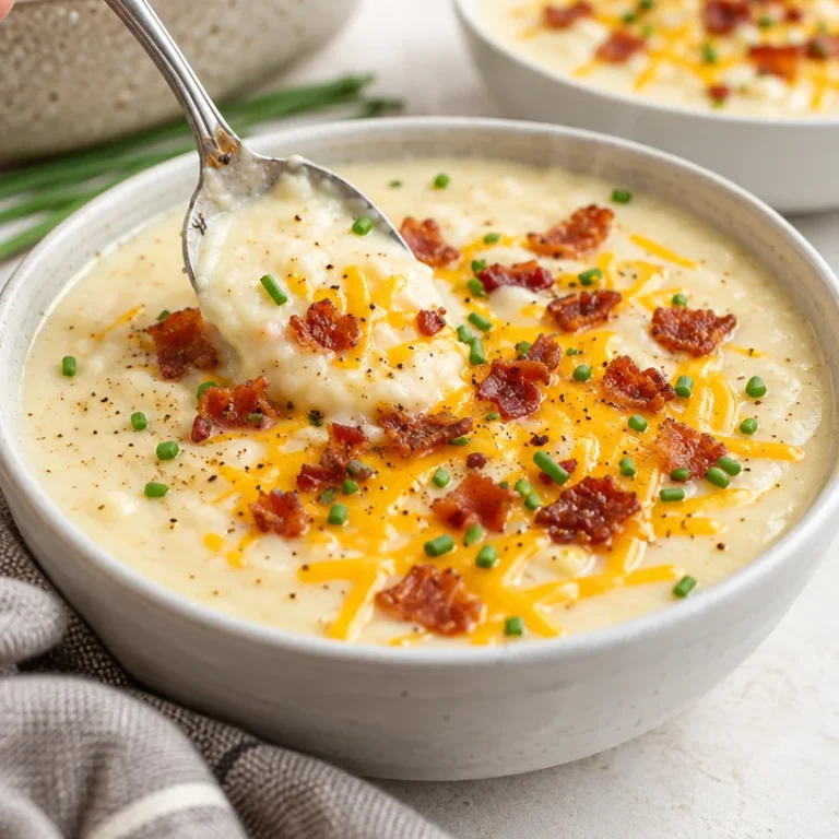 Bowl of creamy mashed potato soup topped with herbs and croutons