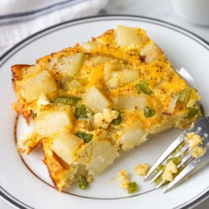 Delicious egg and potato casserole ready to be served for breakfast