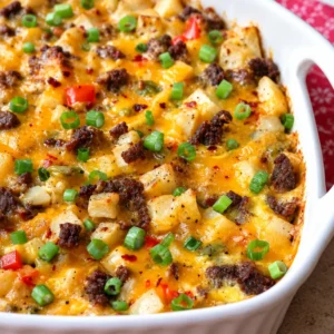 Ultimate Sausage, Egg, and Potato Breakfast Casserole baked in a dish