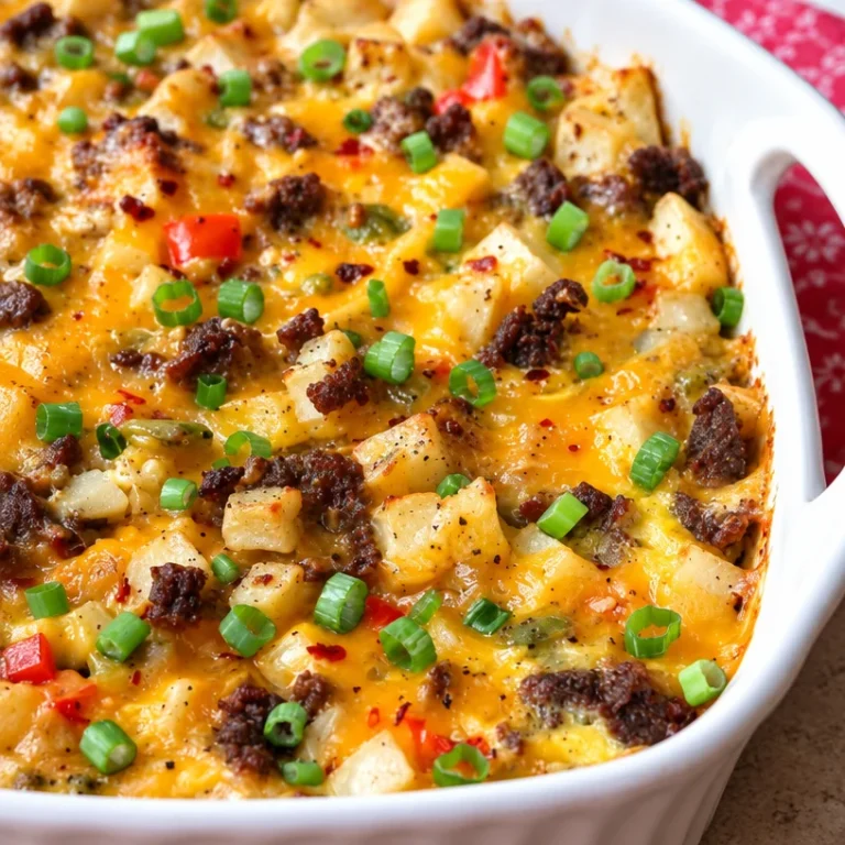 Ultimate Sausage, Egg, and Potato Breakfast Casserole baked in a dish