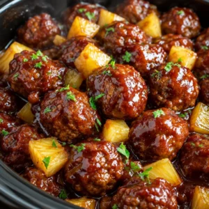 Slow cooker pineapple barbecue meatballs served on a platter